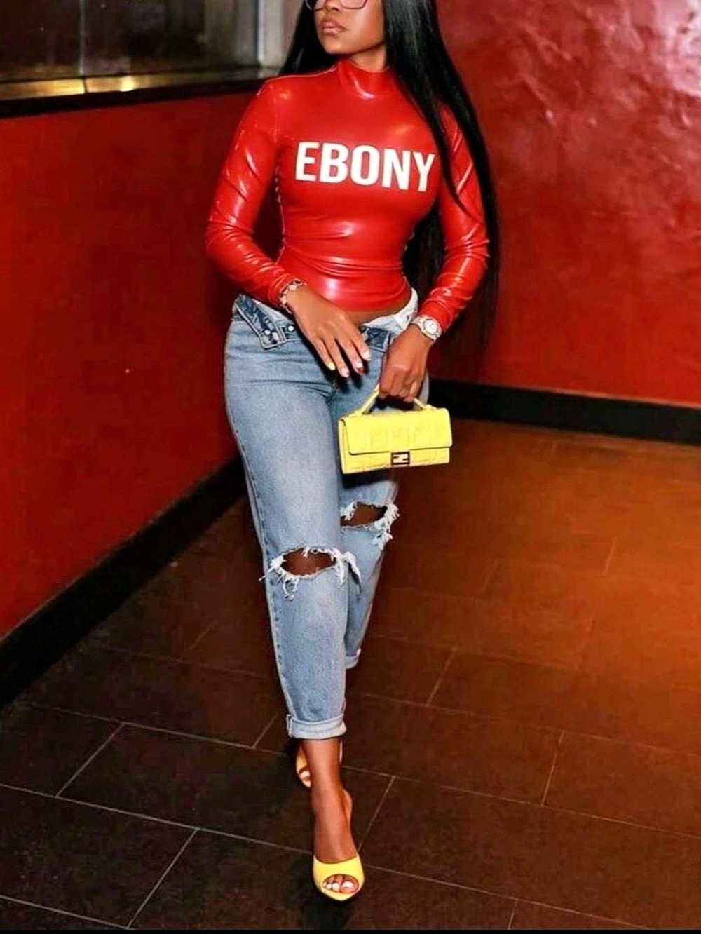 SHEIN Women’s L Red Glossy Faux Patent Leather EBONY Crop Top NWOT